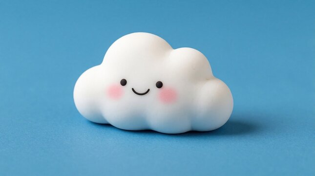 Cute white clay cloud character with smiling face, pink cheeks. Small handmade dough sculpture sits on flat blue background. Whimsical toy for kids storybook creative craft project. Minimalist 3D art