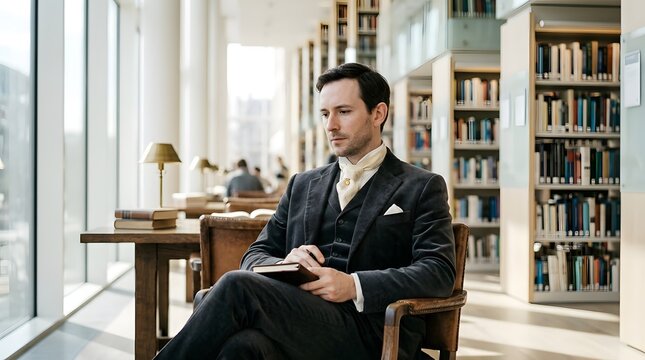 Elegant Businessman Reading Book in Modern Public Library Hallway with Bookshelves and Natural Sunlight