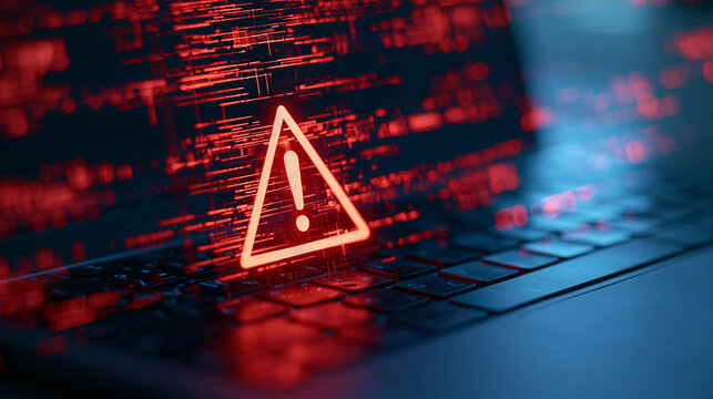 A glowing red warning sign and cyber attack code appear over a laptop keyboard. Use this concept for cybersecurity and data breach presentations.