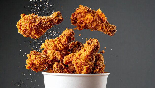 Crispy Golden Fried Chicken Pieces Flying Above a Takeout Bucket with Seasoning Sprinkles against a Dark Minimalist Background