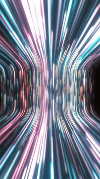 Vertical neon cyan and pink data transmission lines race through a curved digital corridor wall in an energetic 3D animation