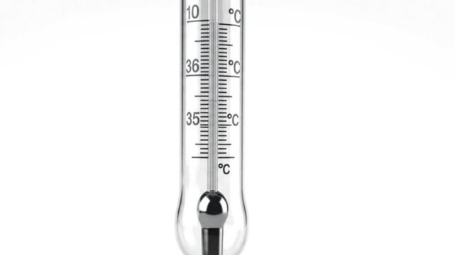 Close up of glass laboratory thermometer showing current temperature scale