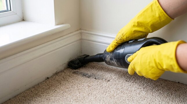 Close-up of a person in yellow rubber gloves using a small handheld vacuum with a brush attachment to clean dust along the carpet edge near a white baseboard.