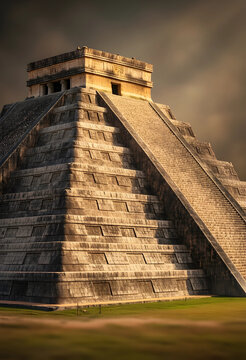 Ancient civilization and archaeology, Mayan pyramid temple at Chichen Itza with dramatic sunset light and stone architecture of pre-columbian history