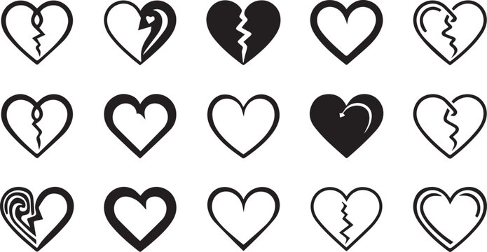 Set of various broken and whole heart icons in a simple black and white line art style
