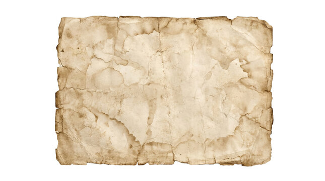 Antique parchment texture with torn edges, displaying aged appearance, perfect for old maps and vintage document concept design isolated on transparent background