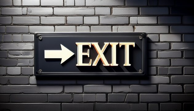 a black exit sign mounted on a gray brick wall the word exit is prominently displayed in white capital letters with an arrow pointing to the right the sign features a sleek modern design and is fr