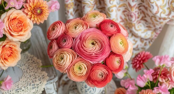 Exquisite Ranunculus Bouquet In Soft Peach And Coral Tones