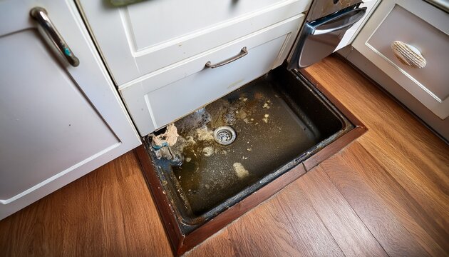 a damp moldy area beneath a kitchen sink showing water damage and signs of neglect