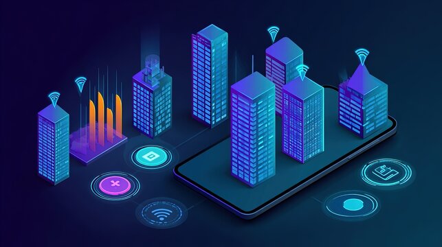 Smart city technology skyscrapers network, Futuristic neon isometric cityscape background, Digital urban connectivity business concept