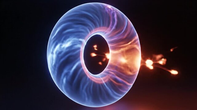 Glowing plasma torus ring in dark space.