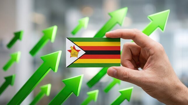 Hand holding a small flag of zimbabwe against a background of rising green arrows representing economic growth and financial success
