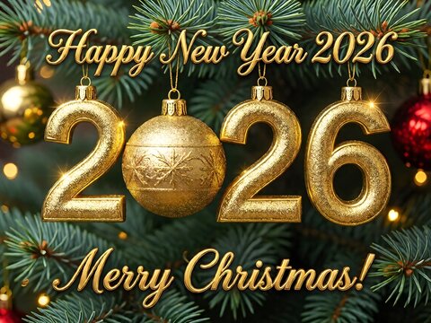 Golden numbers 2026 and Christmas balls against a background of fir branches. Happy New Year 2026 and Merry Christmas!