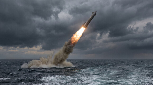 A powerful Trident II D5 ballistic missile launching from the ocean surface with a fiery exhaust plume against a stormy sky.