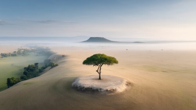 Lone tree atop a hill surrounded by hazy plains, landscape view