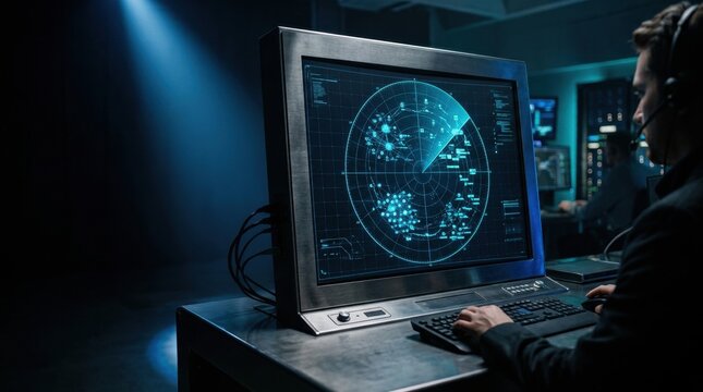Cybersecurity operations monitoring interface displaying Cybersecurity operations radar monitor display for threat defense