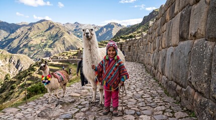 Fototapeta premium A young girl in traditional andean clothing stands on a stone path with two llamas at the archaeological site of pisac in the sacred valley of peru, with mountains in the background