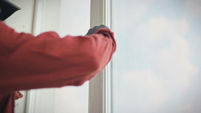 A technician in uniform methodically unscrews the fasteners of a plastic window using an orange screwdriver. Concept of professional disassembly and replacement of window hardware components
