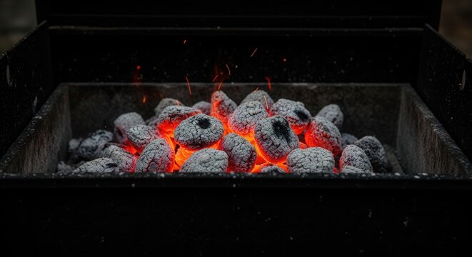 Glowing Hot Charcoal Briquettes Ready For Barbecue Grilling And Outdoor Cooking