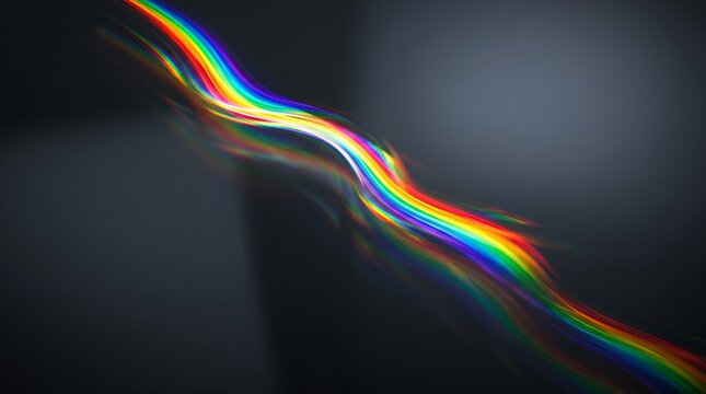 Abstract Rainbow Light Leak, Wavy Prisma Spectrum Texture on Dark Background, Chromatic Aberration Effect, Glowing Color Streak for Design, Marketing, and Motion Graphics