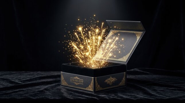Modern meaningful celebration featuring Open luxury gift box revealing with warm natural ambiance