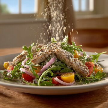 Fresh salad with grilled chicken cherry tomatoes red onion on a plate seasoning foo