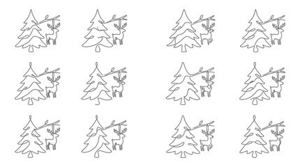 Fototapeta premium Minimalist Continuous One Line Drawing Collection of Christmas Trees and Reindeer Icons