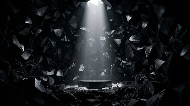 Dark geometric tunnel entrance with mysterious spotlight beam illuminating jagged black shards and abstract cave, moody lighting atmosphere for dramatic background design and spatial depth