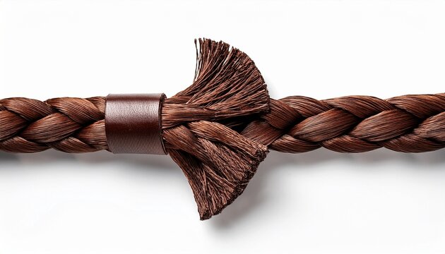 braided brown leather cord with frayed end on white background