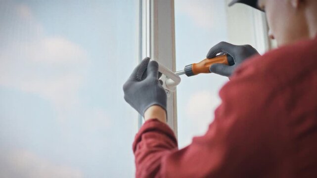 A technician in work uniform independently repairs a plastic window unscrewing fasteners with a screwdriver. Concept of DIY home repair without calling a professional specialist