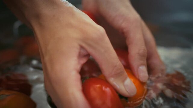 A woman's hands carefully wash fresh organic tomatoes under running tap water in a metal kitchen sink. Extreme close-up. Concept of natural organic produce and clean food preparation
