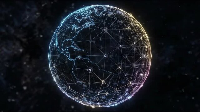 Worldwide Business Grid Overlaying Invisible Sphere in Deep Graphite Void