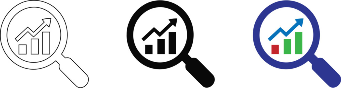A set of magnifying glass icons with upward growth financial charts, representing market analysis, business development, and success in data performance tracking., isolated on a Transparent backgro
