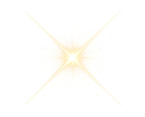 Golden four pointed starburst lens flare with diagonal rays. Bright gold star light effect and glowing sparkles isolated on transparent background. Festive magic shine element © Allia
