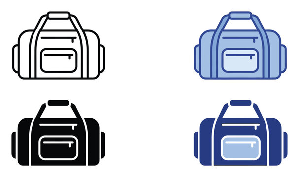 Gym bag icon set showing sports luggage, duffel, travel bag and fitness equipment symbols in outline, solid, and flat vector style