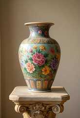 Obraz premium Interior design and home decor, ornate ceramic vase with floral pattern on a classical stone pedestal for luxury living room styling and art display