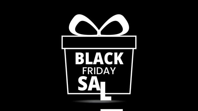 White Gift Box Black Friday Sale Text Reveal Animation on Black Background