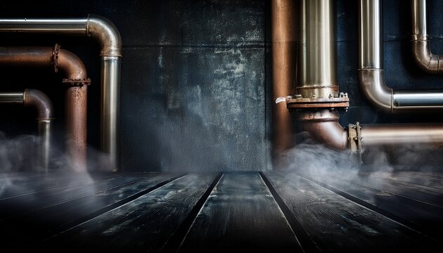 dark industrial background with old metallic wall pipes and smoke
