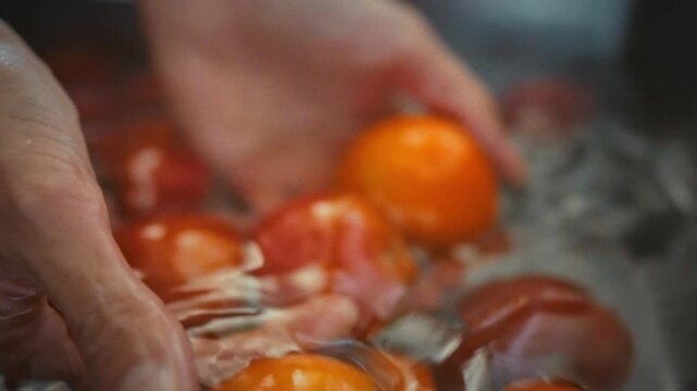 A woman's hands rinse fresh organic tomatoes under running tap water in a metal kitchen sink. Extreme close-up. Concept of preparation for home canning and traditional pickling