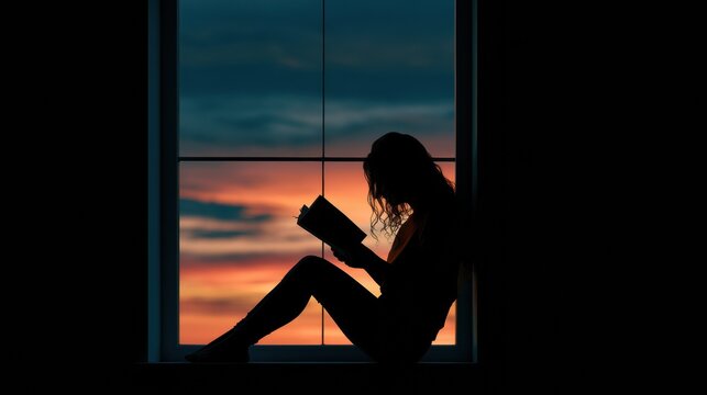 A figure sits by the window reading a book as the sky shows dusk colors. Light outlines the reader creating a warm feeling.