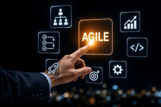 Hand selecting agile methodology button among digital icons on a dark tech interface