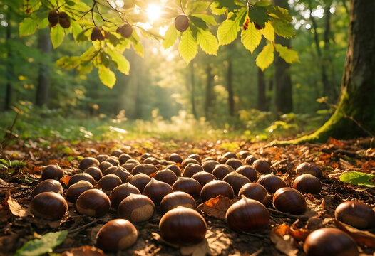 Autumn harvest and seasonal nature, fresh chestnuts on forest floor with golden sunlight and foliage in fall woodland environment for seasonal decor