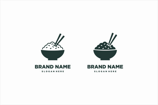 Rice bowl with chopsticks logo set in line and solid black style. Vector illustration for Asian restaurant, food, and culinary branding.