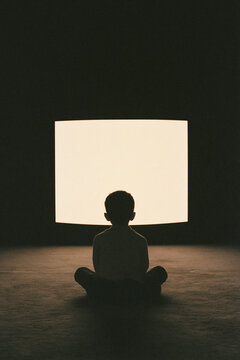 Silhouette Of Child In Dark Room Watching Bright Blank Curved Screen