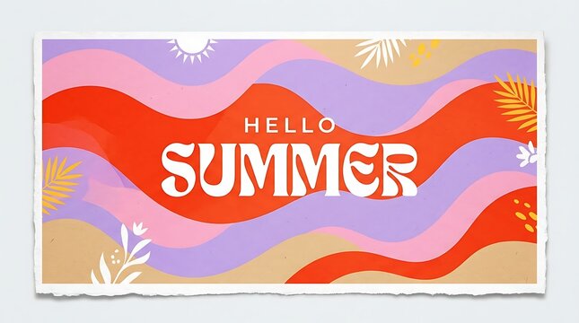 Hello summer retro greeting banner design with wavy abstract stripes and tropical elements