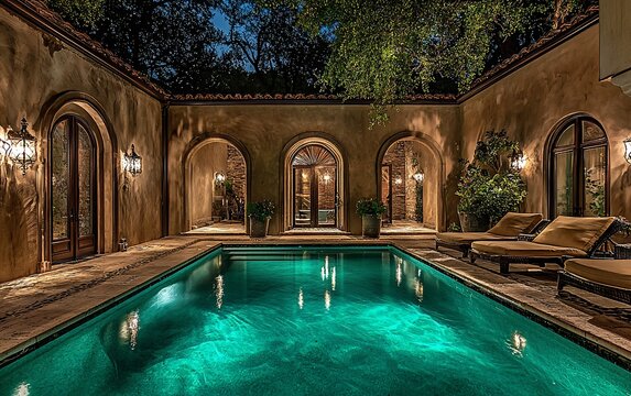 Night view of a luxurious courtyard with swimming pool, arched doorways, and lounge chairs.