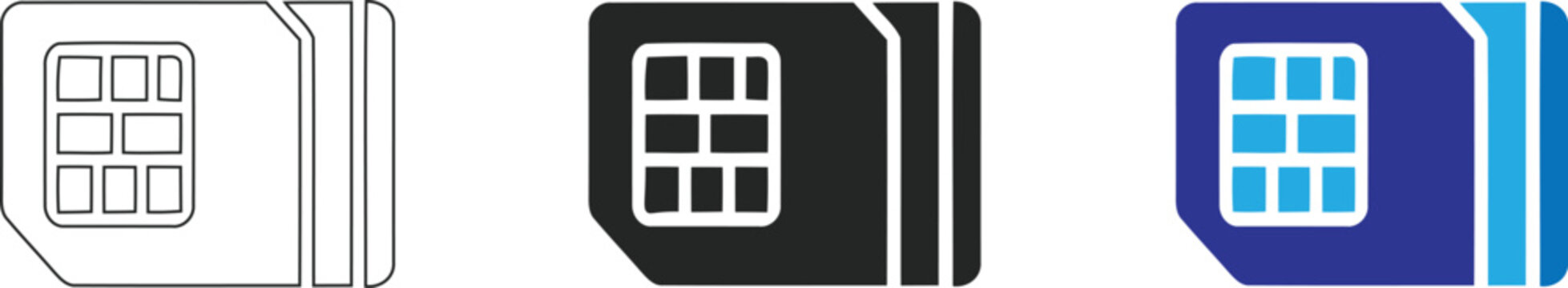 A collection of three distinct SIM card icon design variations featuring outline, solid black, and blue colored graphic styles for modern mobile network technology.
