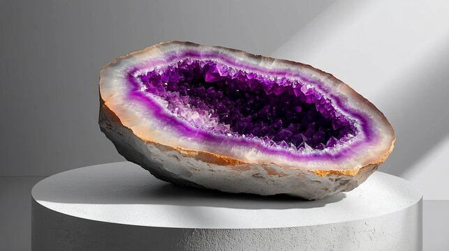 Amethyst geode on white pedestal, sunlight.