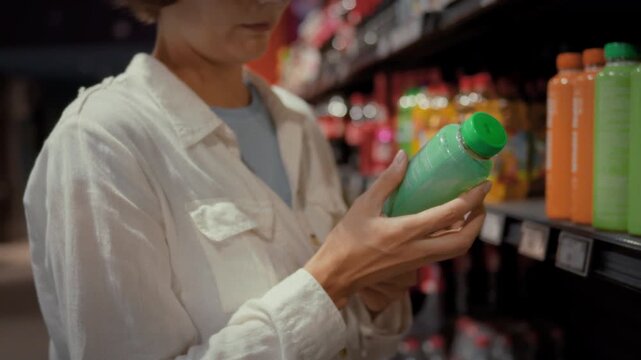 A young woman in a white shirt examines a plastic bottle of soda standing near the shelves of a grocery store. Concept of choosing beverages and making purchasing decisions in retail