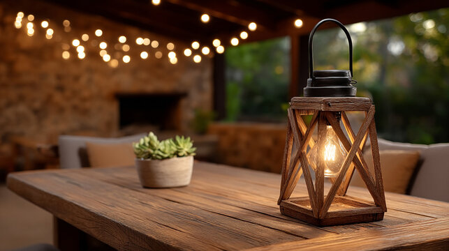 Rustic wooden patio table with outdoor lantern and string lights